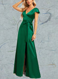 Paula A-line V-Neck Floor-Length Satin Bridesmaid Dress UKP0019520