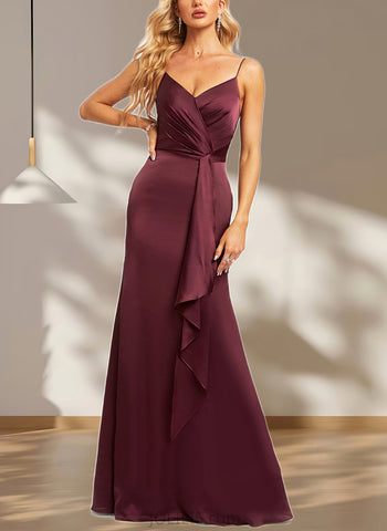 Riley Trumpet/Mermaid V-Neck Floor-Length Satin Bridesmaid Dress With Ruffle UKP0019521