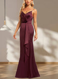 Riley Trumpet/Mermaid V-Neck Floor-Length Satin Bridesmaid Dress With Ruffle UKP0019521