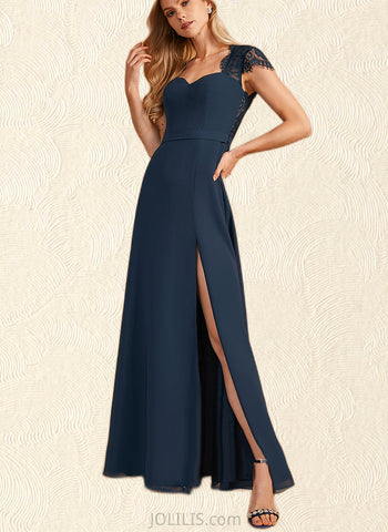 Myah A-line V-Neck Floor-Length Chiffon Lace Bridesmaid Dress UKP0019522