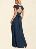 Myah A-line V-Neck Floor-Length Chiffon Lace Bridesmaid Dress UKP0019522