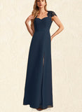 Myah A-line V-Neck Floor-Length Chiffon Lace Bridesmaid Dress UKP0019522