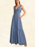 Valeria A-line V-Neck Floor-Length Chiffon Bridesmaid Dress UKP0019523