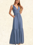 Valeria A-line V-Neck Floor-Length Chiffon Bridesmaid Dress UKP0019523