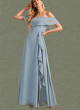 Harley A-line Off the Shoulder Floor-Length Chiffon Bridesmaid Dress With Ruffle UKP0019524