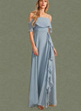 Harley A-line Off the Shoulder Floor-Length Chiffon Bridesmaid Dress With Ruffle UKP0019524