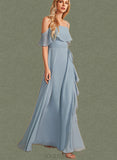 Harley A-line Off the Shoulder Floor-Length Chiffon Bridesmaid Dress With Ruffle UKP0019524