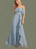 Harley A-line Off the Shoulder Floor-Length Chiffon Bridesmaid Dress With Ruffle UKP0019524