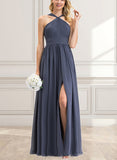 Braelyn A-line V-Neck Floor-Length Chiffon Bridesmaid Dress With Ruffle UKP0019527