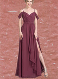 Winifred A-line V-Neck Floor-Length Chiffon Bridesmaid Dress With Bow Cascading Ruffles UKP0019528