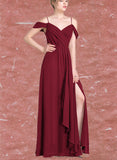 Winifred A-line V-Neck Floor-Length Chiffon Bridesmaid Dress With Bow Cascading Ruffles UKP0019528