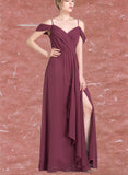 Winifred A-line V-Neck Floor-Length Chiffon Bridesmaid Dress With Bow Cascading Ruffles UKP0019528