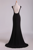 Black Mermaid Evening Dresses Bateau Chiffon Sweep Train Open Back