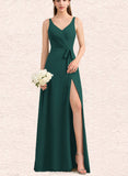 Sierra A-line V-Neck Floor-Length Chiffon Bridesmaid Dress With Bow Ruffle UKP0019533