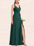 Sierra A-line V-Neck Floor-Length Chiffon Bridesmaid Dress With Bow Ruffle UKP0019533