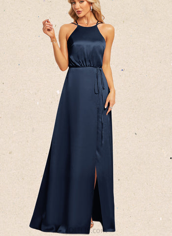 Evie A-line Halter Floor-Length Satin Bridesmaid Dress UKP0019535