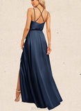 Evie A-line Halter Floor-Length Satin Bridesmaid Dress UKP0019535