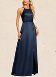 Evie A-line Halter Floor-Length Satin Bridesmaid Dress UKP0019535