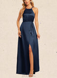 Evie A-line Halter Floor-Length Satin Bridesmaid Dress UKP0019535