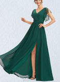 Lillian A-line V-Neck Floor-Length Chiffon Lace Bridesmaid Dress UKP0019536