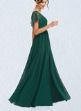 Lillian A-line V-Neck Floor-Length Chiffon Lace Bridesmaid Dress UKP0019536