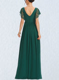 Lillian A-line V-Neck Floor-Length Chiffon Lace Bridesmaid Dress UKP0019536