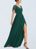 Lillian A-line V-Neck Floor-Length Chiffon Lace Bridesmaid Dress UKP0019536