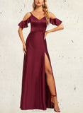 Madalynn A-line Cold Shoulder Floor-Length Satin Bridesmaid Dress With Ruffle UKP0019539