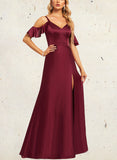 Madalynn A-line Cold Shoulder Floor-Length Satin Bridesmaid Dress With Ruffle UKP0019539