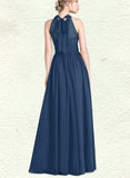 Roberta A-line Scoop Floor-Length Chiffon Bridesmaid Dress With Bow Ruffle UKP0019543