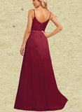 Kamora A-line V-Neck Floor-Length Satin Bridesmaid Dress UKP0019544