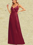 Kamora A-line V-Neck Floor-Length Satin Bridesmaid Dress UKP0019544