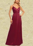 Kamora A-line V-Neck Floor-Length Satin Bridesmaid Dress UKP0019544