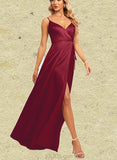 Kamora A-line V-Neck Floor-Length Satin Bridesmaid Dress UKP0019544