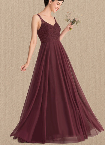 Michelle A-line V-Neck Floor-Length Lace Tulle Bridesmaid Dress UKP0019549