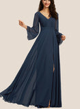 Jemima A-line V-Neck Floor-Length Chiffon Bridesmaid Dress UKP0019551