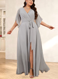 Precious A-line V-Neck Floor-Length Chiffon Bridesmaid Dress With Ruffle UKP0019552