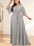 Precious A-line V-Neck Floor-Length Chiffon Bridesmaid Dress With Ruffle UKP0019552