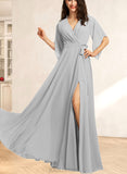 Precious A-line V-Neck Floor-Length Chiffon Bridesmaid Dress With Ruffle UKP0019552