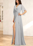 Precious A-line V-Neck Floor-Length Chiffon Bridesmaid Dress With Ruffle UKP0019552