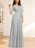 Precious A-line V-Neck Floor-Length Chiffon Bridesmaid Dress With Ruffle UKP0019552