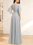 Precious A-line V-Neck Floor-Length Chiffon Bridesmaid Dress With Ruffle UKP0019552