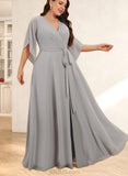 Precious A-line V-Neck Floor-Length Chiffon Bridesmaid Dress With Ruffle UKP0019552