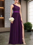 Erica A-line One Shoulder Floor-Length Charmeuse Chiffon Bridesmaid Dress With Ruffle UKP0019555