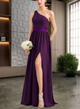 Erica A-line One Shoulder Floor-Length Charmeuse Chiffon Bridesmaid Dress With Ruffle UKP0019555