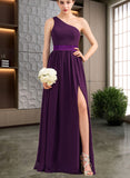 Erica A-line One Shoulder Floor-Length Charmeuse Chiffon Bridesmaid Dress With Ruffle UKP0019555