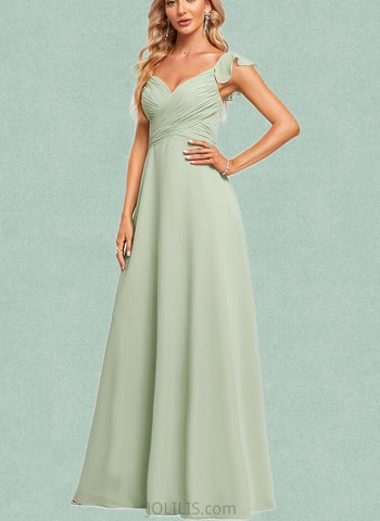 Melinda A-line V-Neck Floor-Length Chiffon Bridesmaid Dress With Ruffle UKP0019560