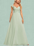 Melinda A-line V-Neck Floor-Length Chiffon Bridesmaid Dress With Ruffle UKP0019560