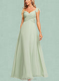 Melinda A-line V-Neck Floor-Length Chiffon Bridesmaid Dress With Ruffle UKP0019560