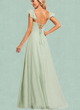 Melinda A-line V-Neck Floor-Length Chiffon Bridesmaid Dress With Ruffle UKP0019560